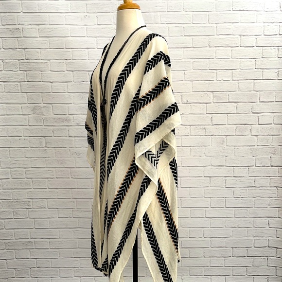 Light Airy Cream Colored Open Kimono with Black & Brown Embroidery (One Size) - Picture 2 of 7